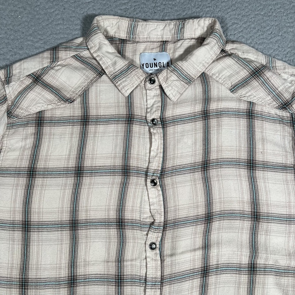 YoungLA Shirt Mens XXL Beige Pearl Snap Plaid Lightweight Flannel Outdoor Casual
